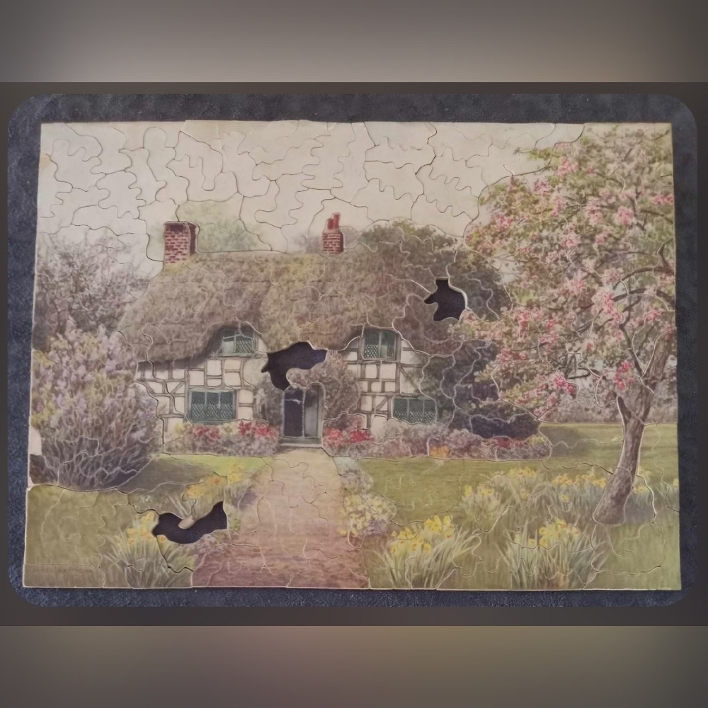 Countryside Cottage Jigsaw Puzzle Plaque - Pastel Garden Scene